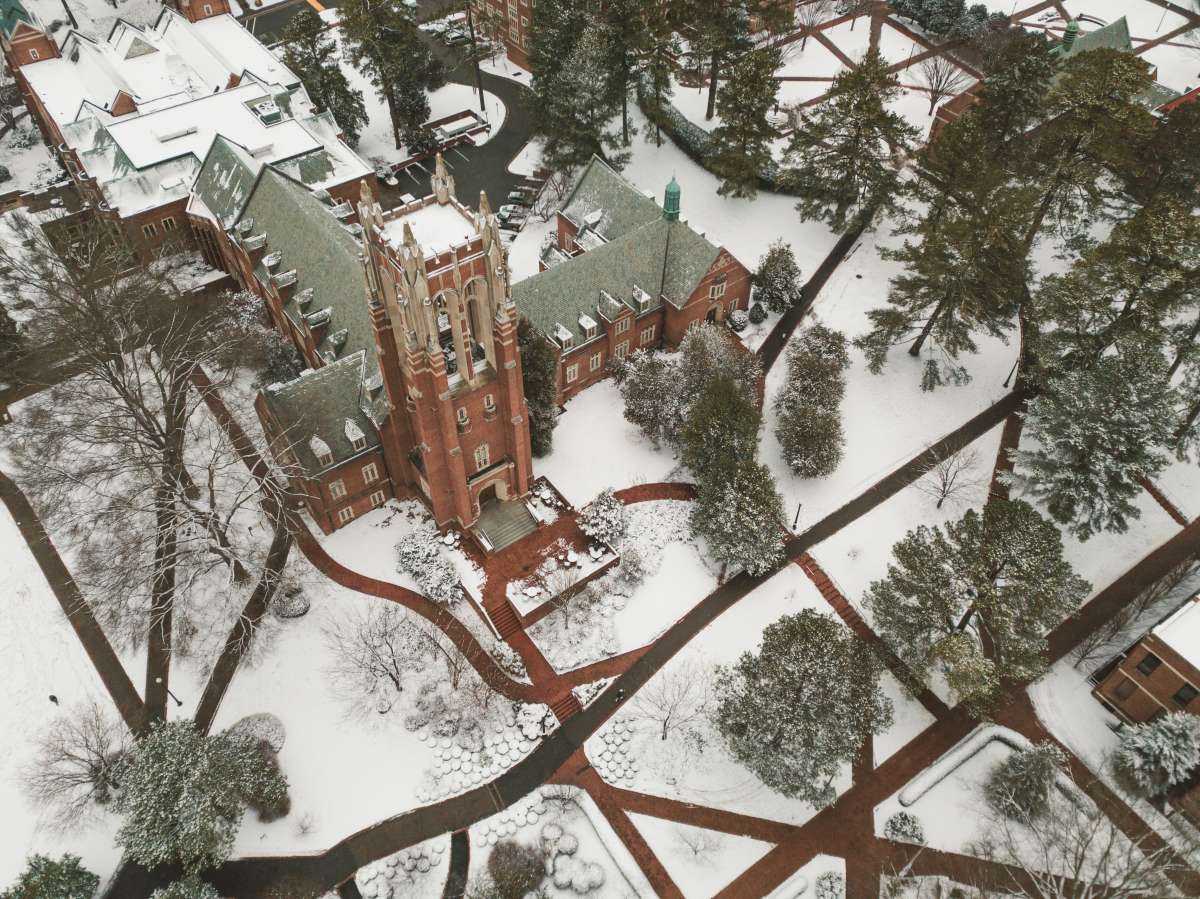 06 University of Richmond UofR - Virginia - Campus School - Lake Winter Snow - Aerial Nature Trail.JPG